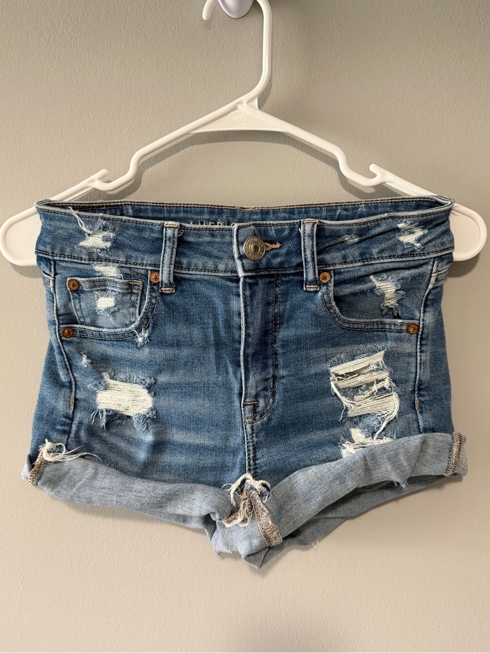 American Eagle Outfitters Distressed Rolled-Hem Blue Denim Shorts